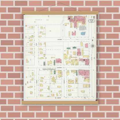 Old map wall art mockup — magnetic wood frame on brick wall — Sanborn Fire Insurance Map from Alma, Gratiot County, Michigan (1902), Sheet #0002