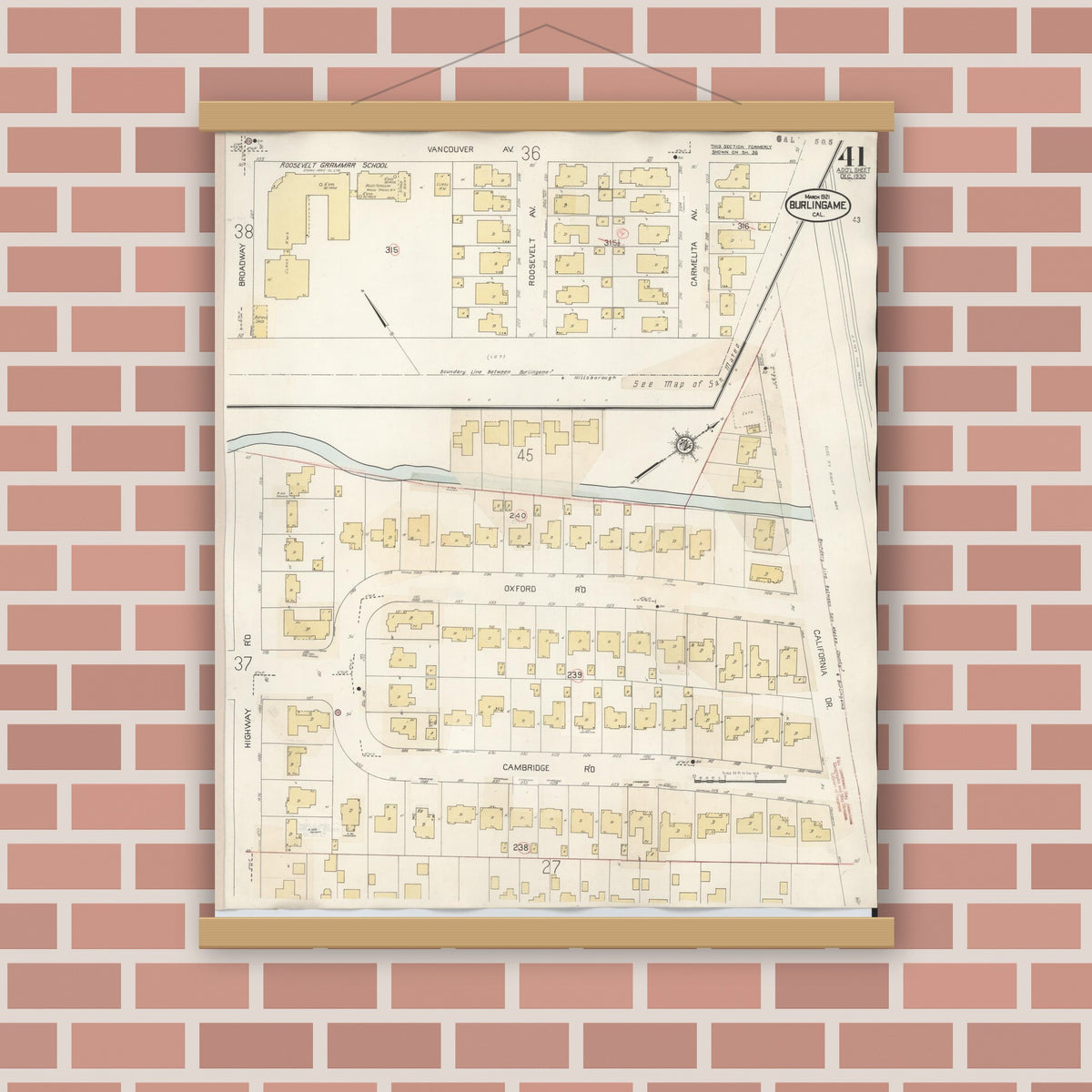 Old map wall art mockup — magnetic wood frame on brick wall — Sanborn Fire Insurance Map from Burlingame, San Mateo County, California (1949), Sheet #0041