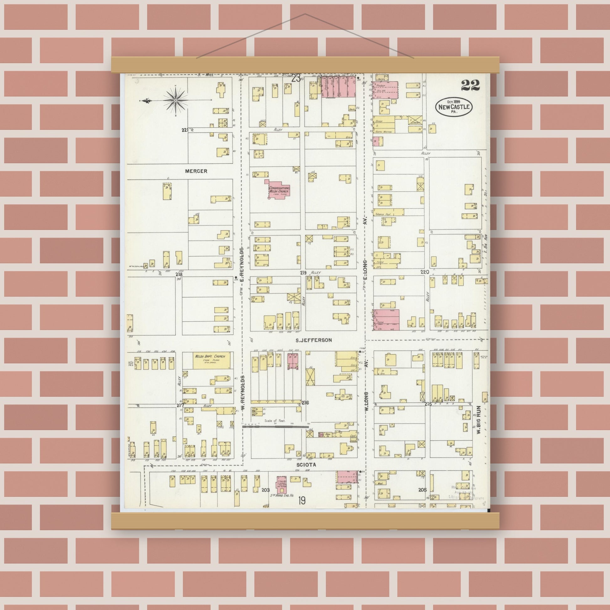 Old map wall art mockup — magnetic wood frame on brick wall — Sanborn Fire Insurance Map from New Castle, Lawrence County, Pennsylvania (1899), Sheet #0022