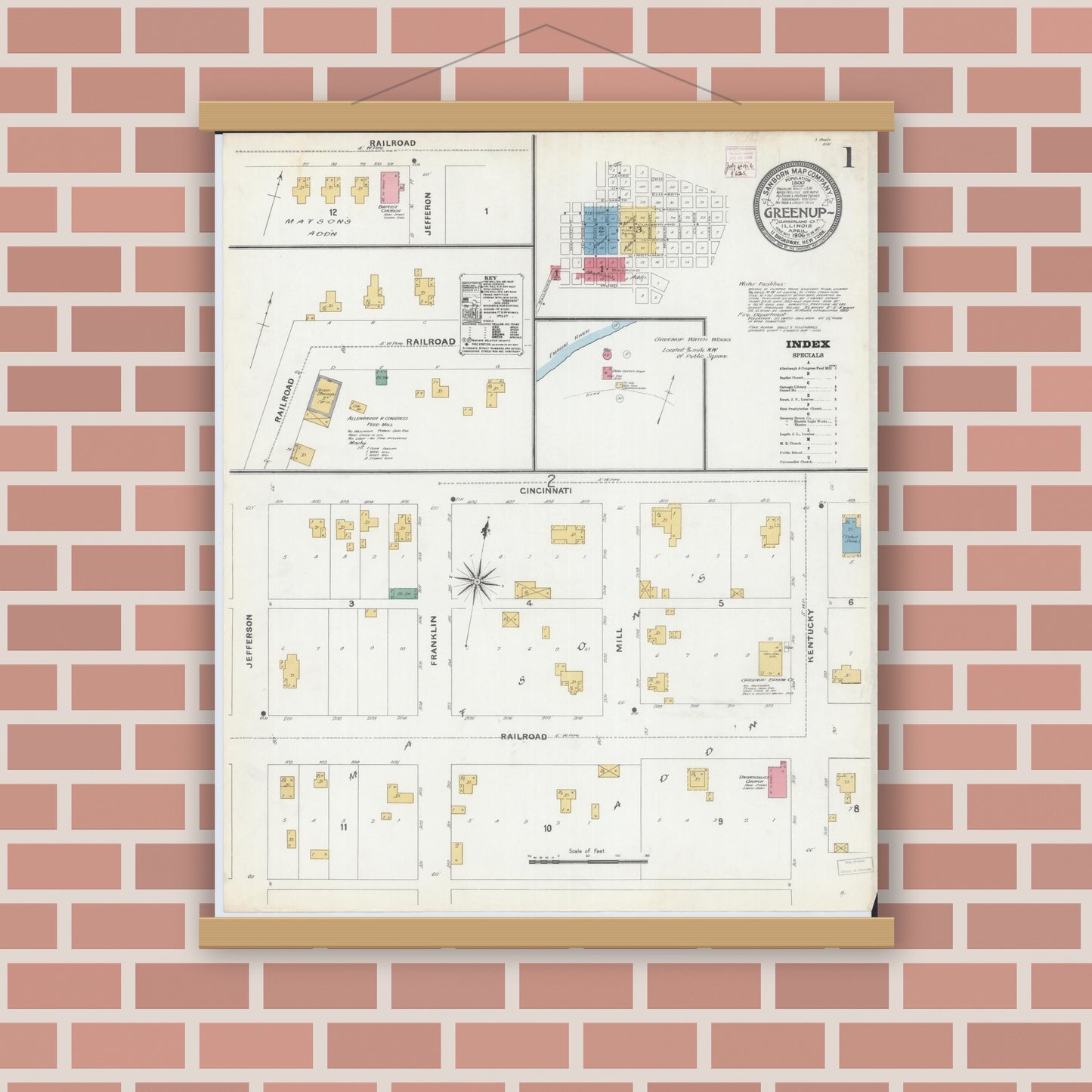 Old map wall art mockup — magnetic wood frame on brick wall — Sanborn Fire Insurance Map from Greenup, Cumberland County, Illinois (1906) - Complete Map Set