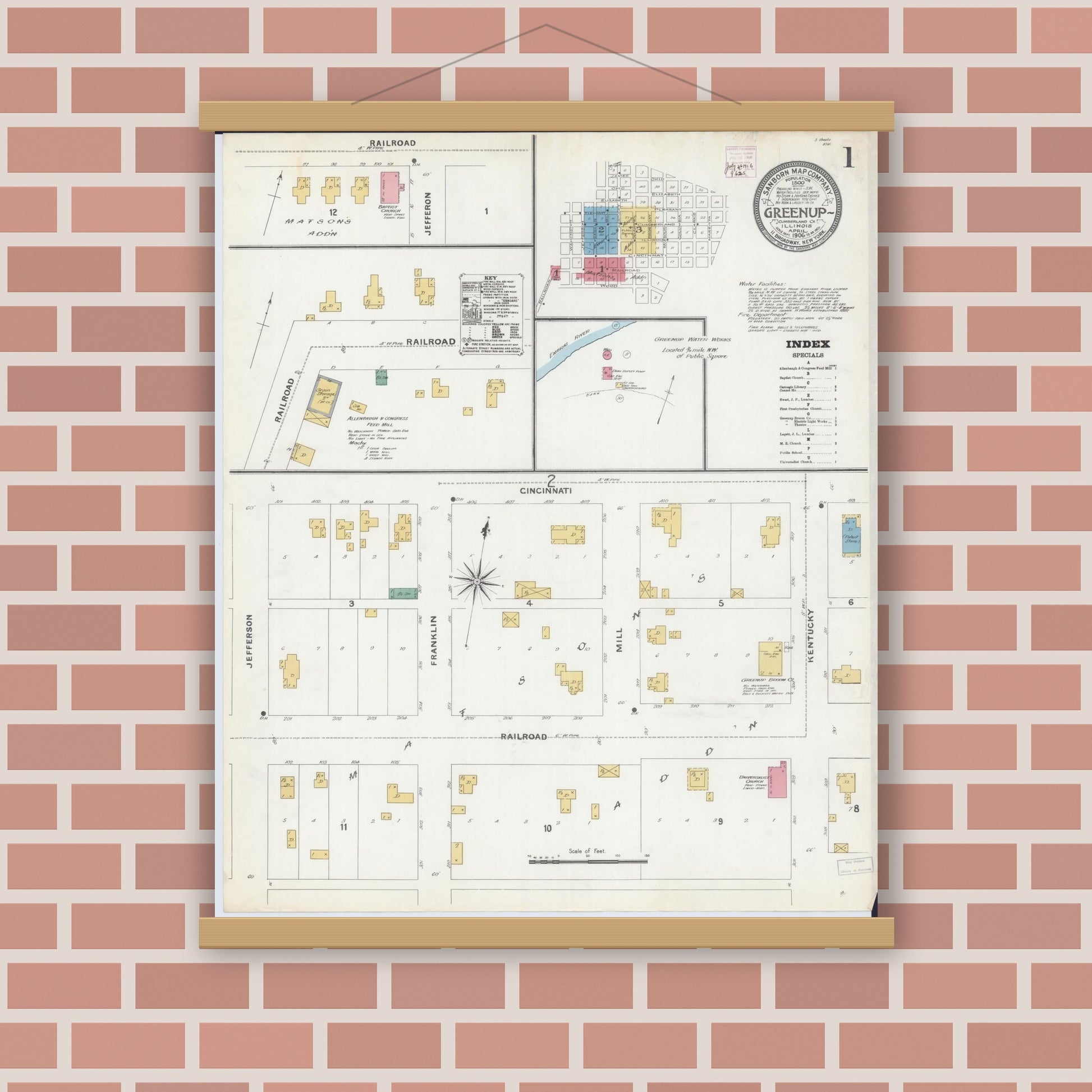 Old map wall art mockup — magnetic wood frame on brick wall — Sanborn Fire Insurance Map from Greenup, Cumberland County, Illinois (1906) - Complete Map Set