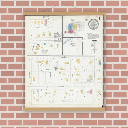 Old map wall art mockup — magnetic wood frame on brick wall — Sanborn Fire Insurance Map from Greenup, Cumberland County, Illinois (1906) - Complete Map Set