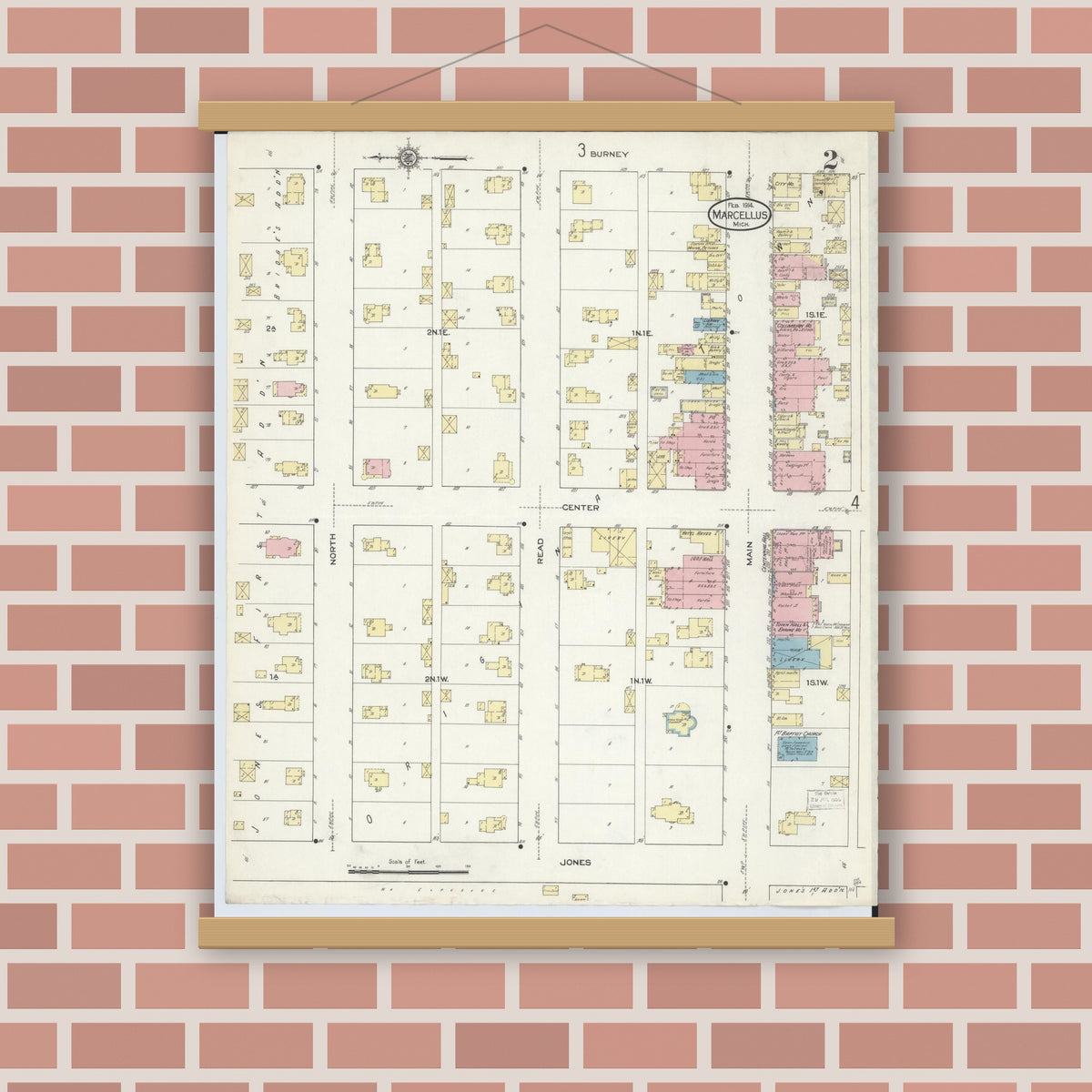 Old map wall art mockup — magnetic wood frame on brick wall — Sanborn Fire Insurance Map from Marcellus, Cass County, Michigan (1914), Sheet #0002
