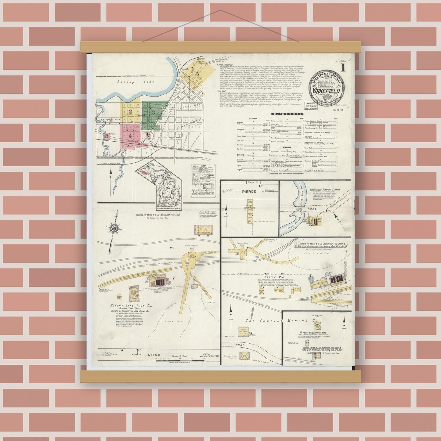 Old map wall art mockup — magnetic wood frame on brick wall — Sanborn Fire Insurance Map from Wakefield, Gogebic County, Michigan (1917), Sheet #0001