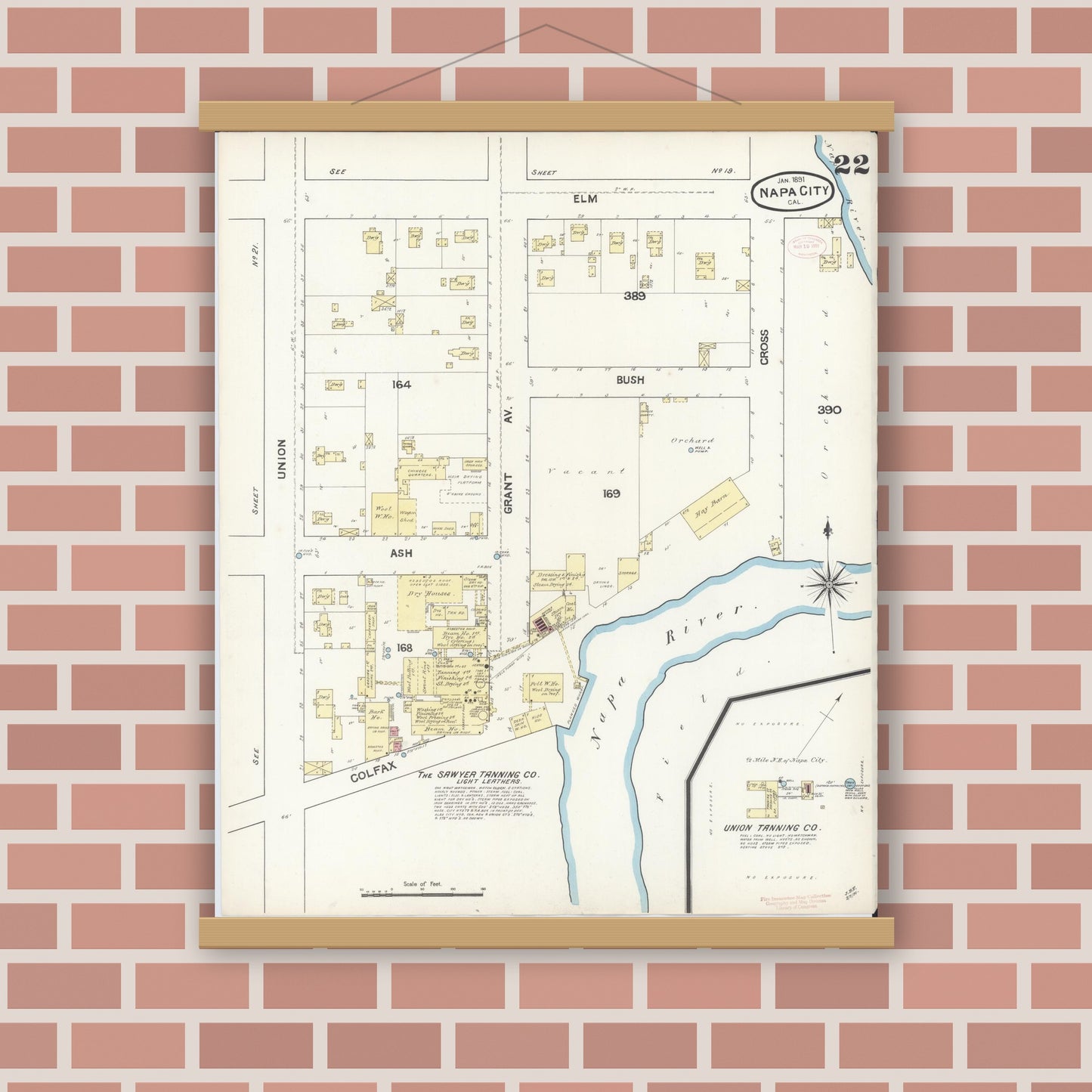 Old map wall art mockup — magnetic wood frame on brick wall — Sanborn Fire Insurance Map from Napa, Napa County, California (1891), Sheet #0022