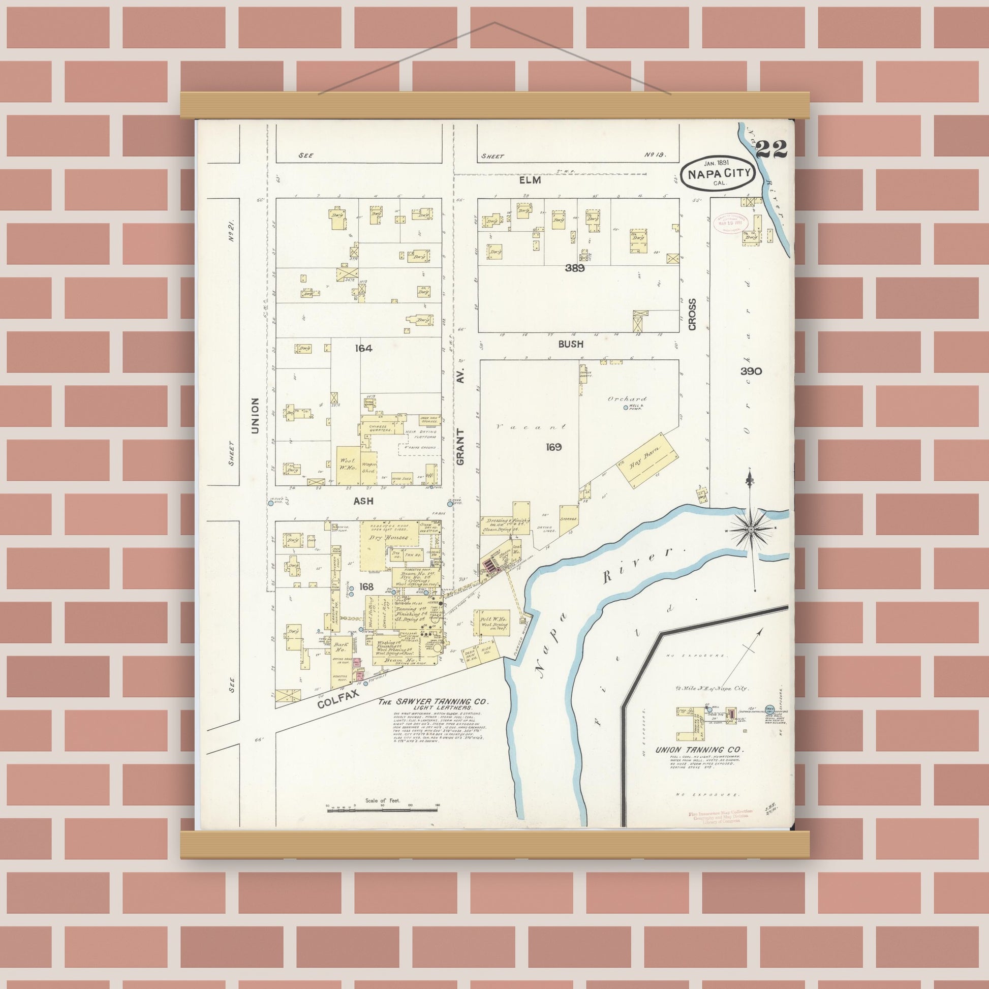 Old map wall art mockup — magnetic wood frame on brick wall — Sanborn Fire Insurance Map from Napa, Napa County, California (1891), Sheet #0022