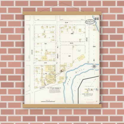 Old map wall art mockup — magnetic wood frame on brick wall — Sanborn Fire Insurance Map from Napa, Napa County, California (1891), Sheet #0022