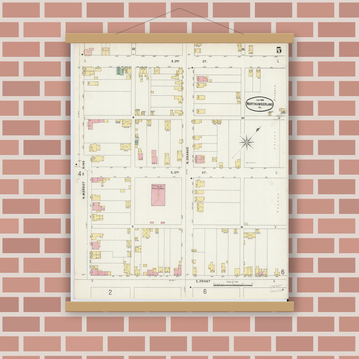 Old map wall art mockup — magnetic wood frame on brick wall — Sanborn Fire Insurance Map from Northumberland, Northumberland County, Pennsylvania (1896), Sheet #0005
