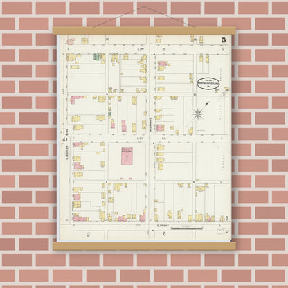 Old map wall art mockup — magnetic wood frame on brick wall — Sanborn Fire Insurance Map from Northumberland, Northumberland County, Pennsylvania (1896), Sheet #0005