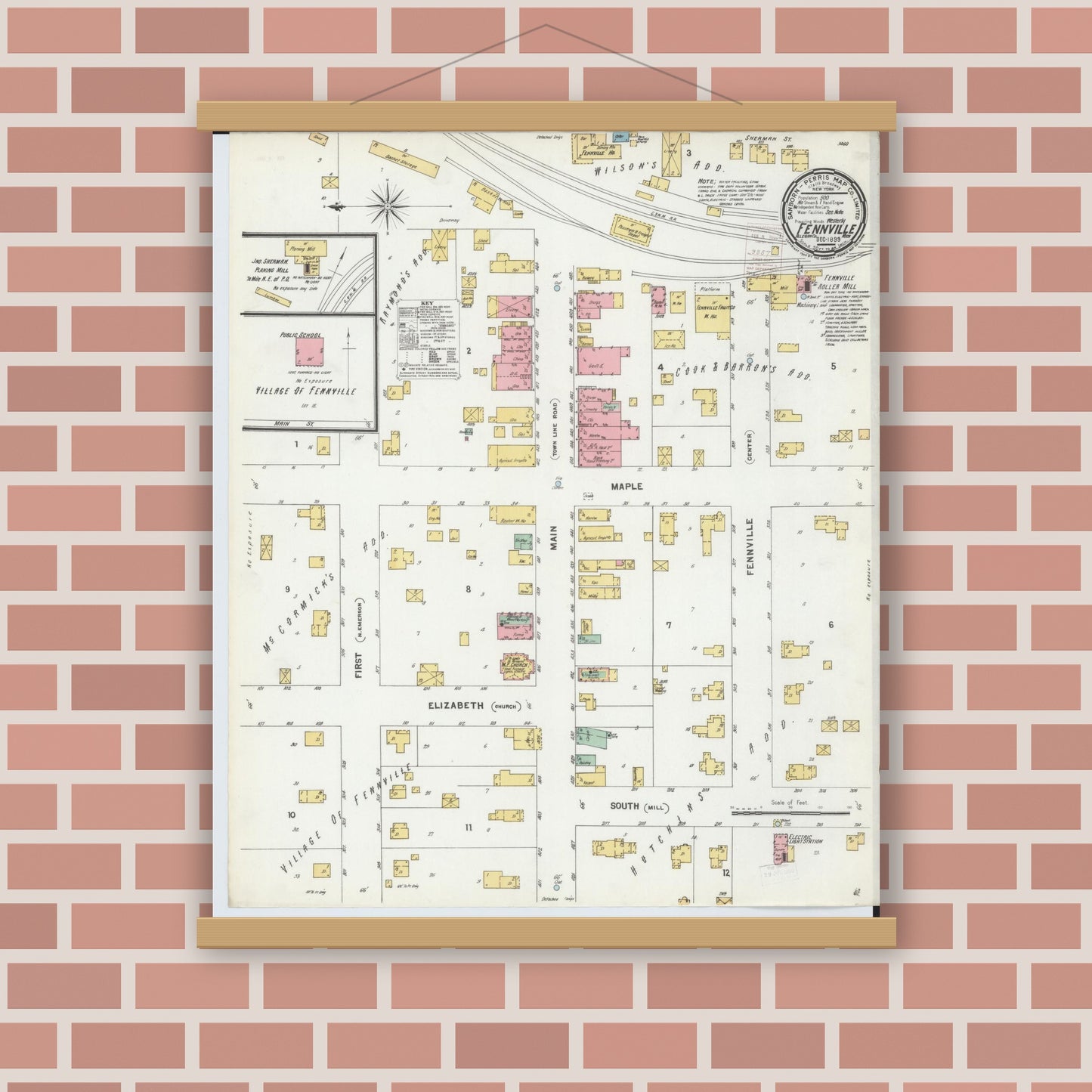 Old map wall art mockup — magnetic wood frame on brick wall — Sanborn Fire Insurance Map from Fennville, Allegan County, Michigan (1899), Sheet #0001