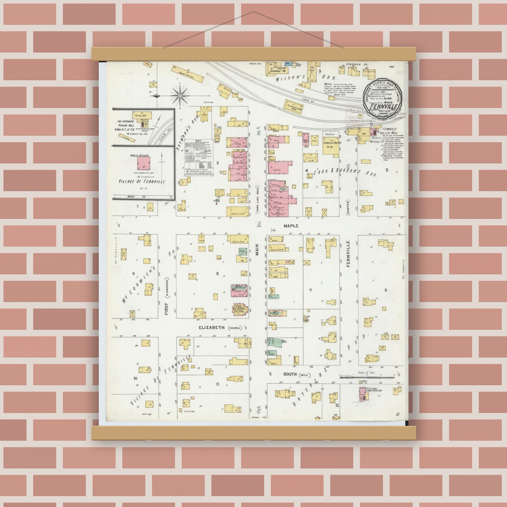 Old map wall art mockup — magnetic wood frame on brick wall — Sanborn Fire Insurance Map from Fennville, Allegan County, Michigan (1899), Sheet #0001