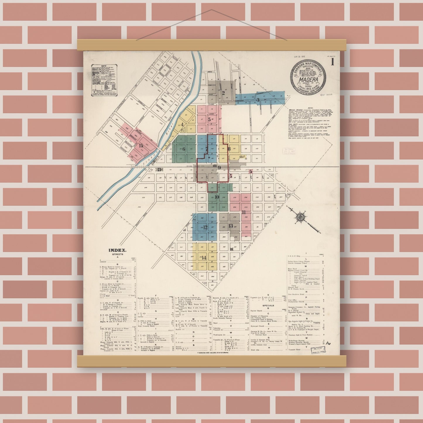 Old map wall art mockup — magnetic wood frame on brick wall — Sanborn Fire Insurance Map from Madera, Madera County, California (1912), Sheet #0001