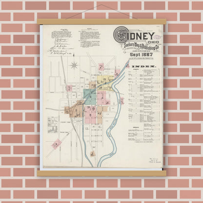 Old map wall art mockup — magnetic wood frame on brick wall — Sanborn Fire Insurance Map from Sidney, Shelby County, Ohio (1887) - Complete Map Set