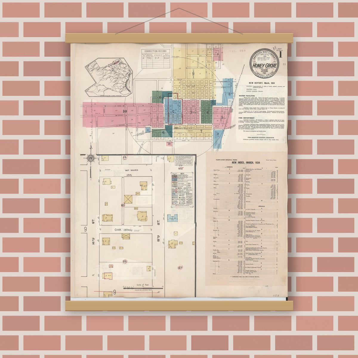 Old map wall art mockup — magnetic wood frame on brick wall — Sanborn Fire Insurance Map from Honey Grove, Fannin County, Texas (1943) - Complete Map Set