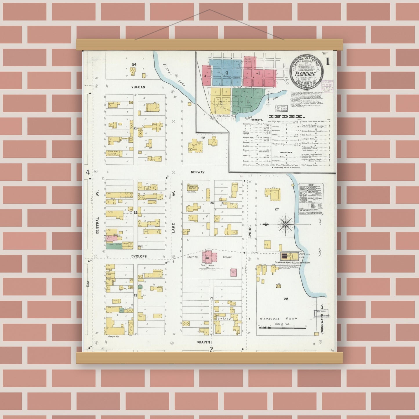 Old map wall art mockup — magnetic wood frame on brick wall — Sanborn Fire Insurance Map from Florence, Florence County, Wisconsin (1904) - Complete Map Set