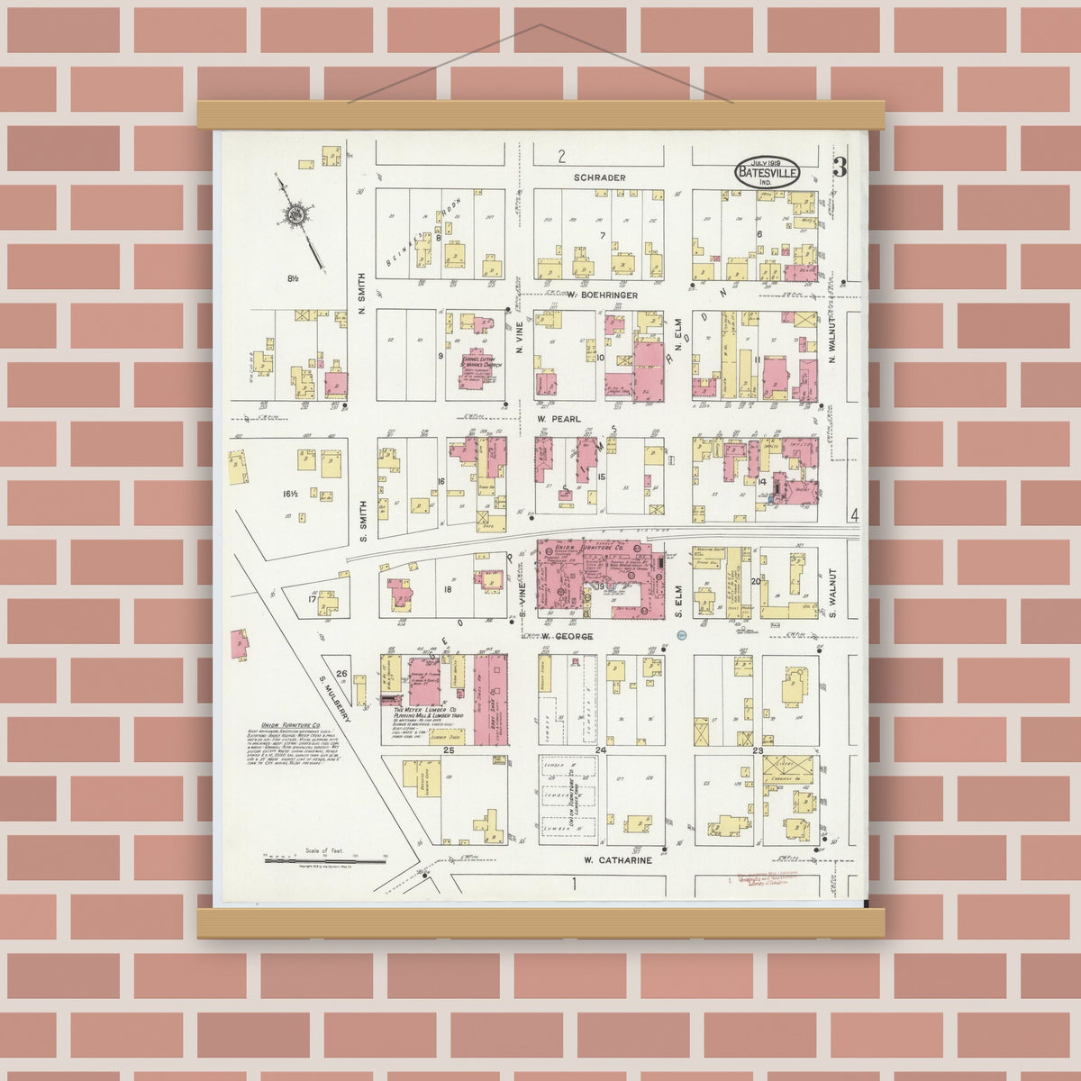 Old map wall art mockup — magnetic wood frame on brick wall — Sanborn Fire Insurance Map from Batesville, Ripley County, Indiana (1919), Sheet #0003