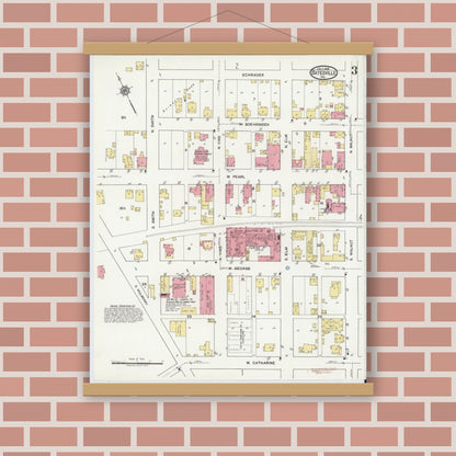 Old map wall art mockup — magnetic wood frame on brick wall — Sanborn Fire Insurance Map from Batesville, Ripley County, Indiana (1919), Sheet #0003