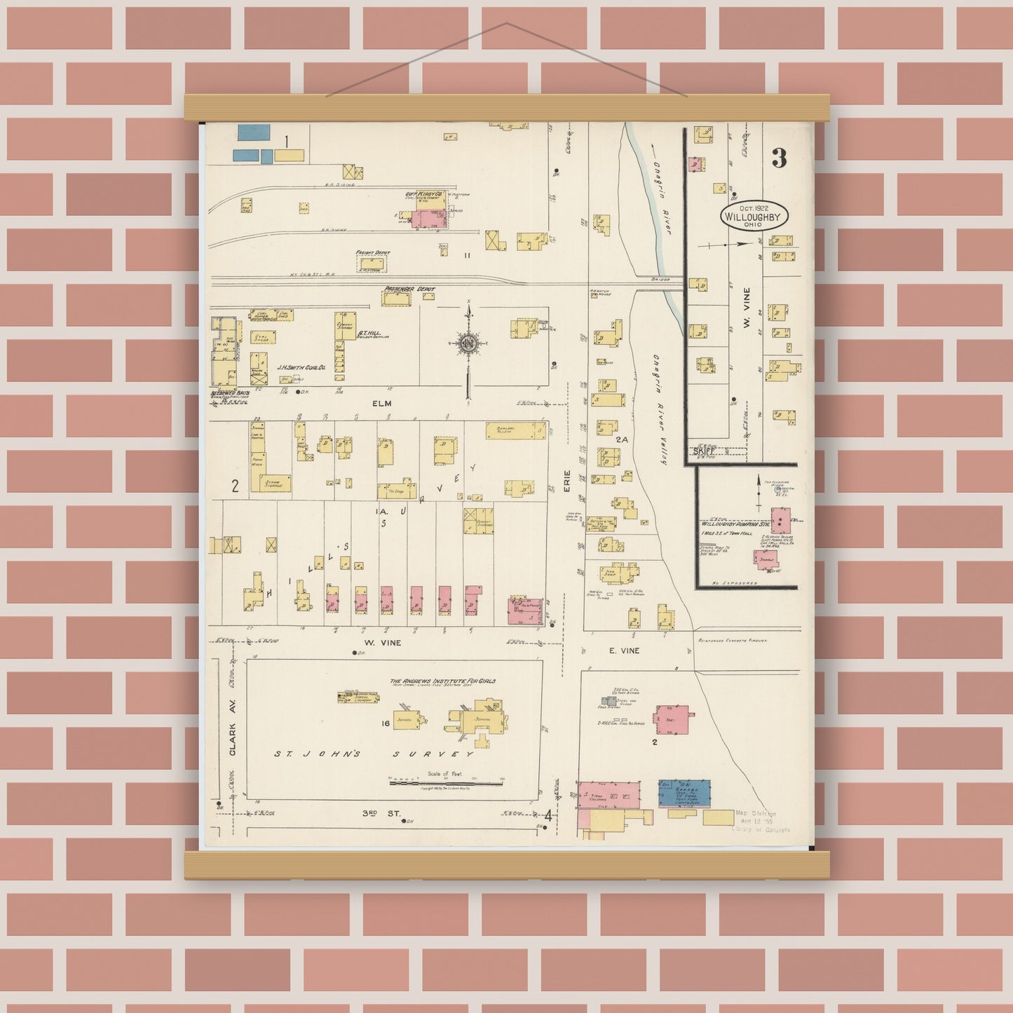 Old map wall art mockup — magnetic wood frame on brick wall — Sanborn Fire Insurance Map from Willoughby, Lake County, Ohio (1922), Sheet #0003