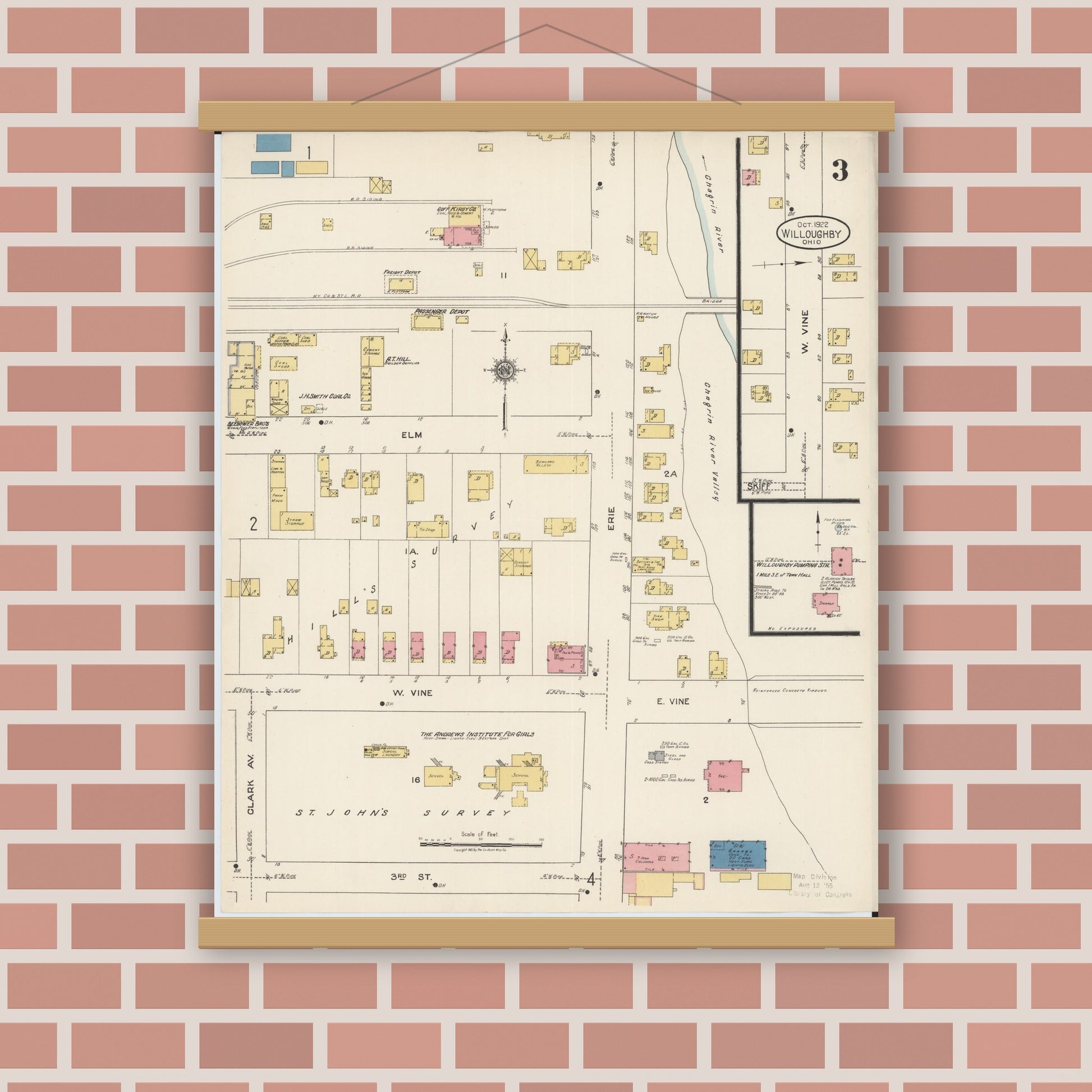 Old map wall art mockup — magnetic wood frame on brick wall — Sanborn Fire Insurance Map from Willoughby, Lake County, Ohio (1922), Sheet #0003