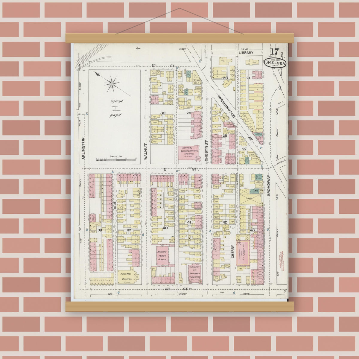 Old map wall art mockup — magnetic wood frame on brick wall — Sanborn Fire Insurance Map from Chelsea, Suffolk County, Massachusetts (1889), Sheet #0017