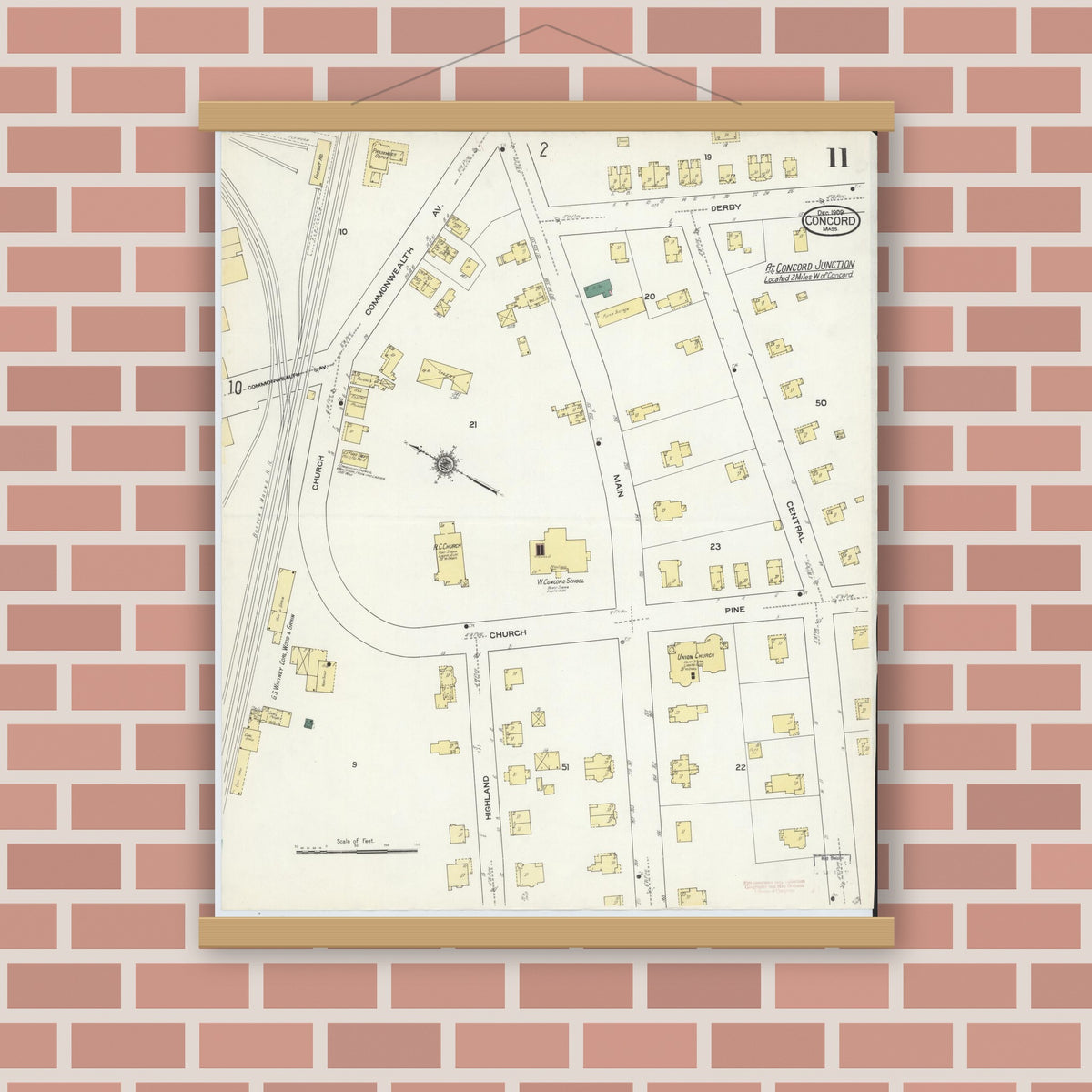 Old map wall art mockup — magnetic wood frame on brick wall — Sanborn Fire Insurance Map from Concord, Middlesex County, Massachusetts (1909), Sheet #0011