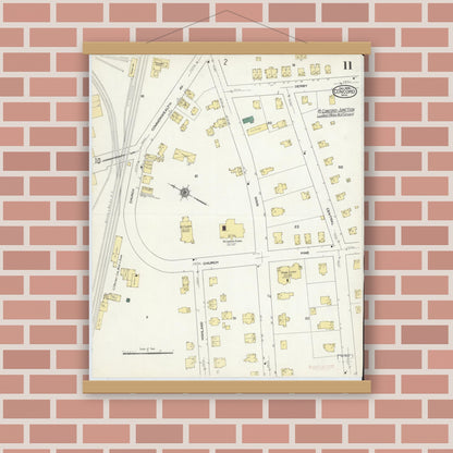 Old map wall art mockup — magnetic wood frame on brick wall — Sanborn Fire Insurance Map from Concord, Middlesex County, Massachusetts (1909), Sheet #0011