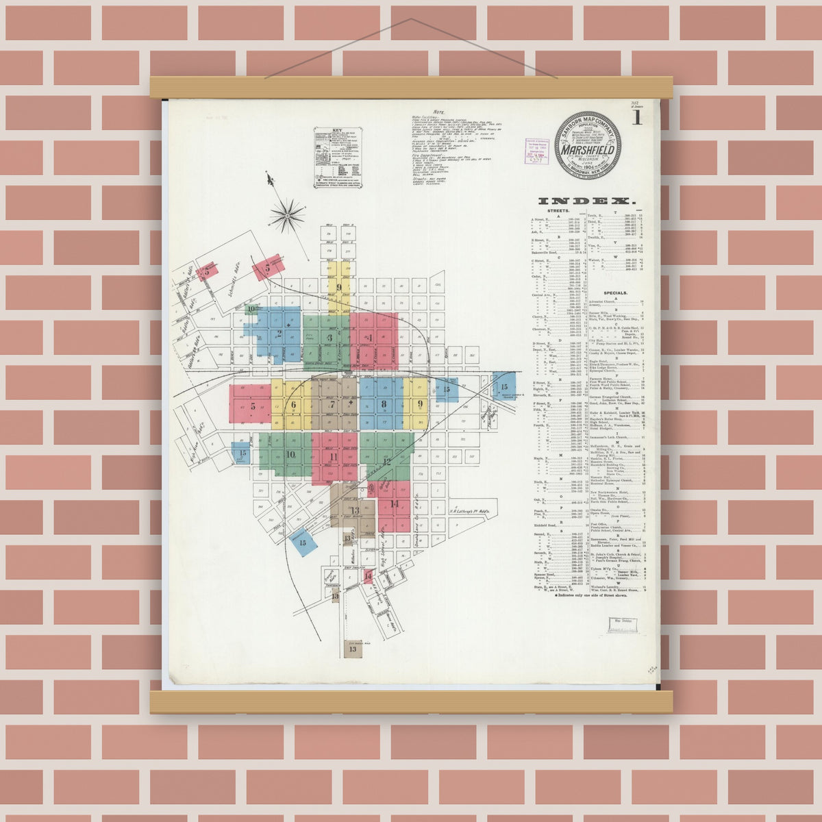 Old map wall art mockup — magnetic wood frame on brick wall — Sanborn Fire Insurance Map from Marshfield, Wood County, Wisconsin (1904) - Complete Map Set