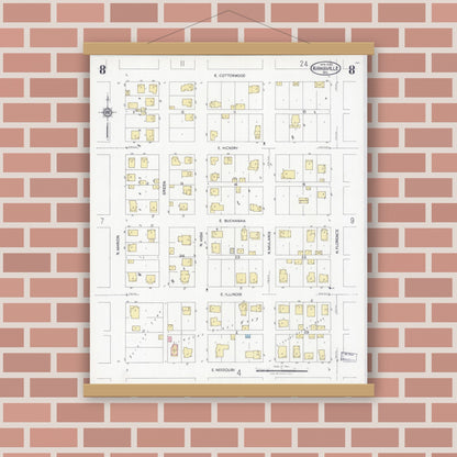 Old map wall art mockup — magnetic wood frame on brick wall — Sanborn Fire Insurance Map from Kirksville, Adair County, Missouri (1925), Sheet #0008