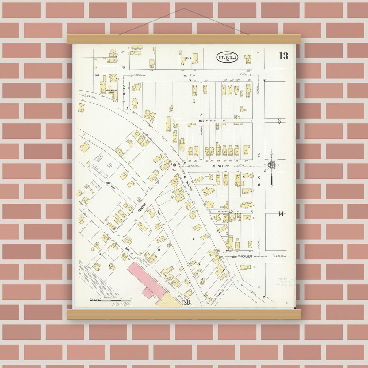 Old map wall art mockup — magnetic wood frame on brick wall — Sanborn Fire Insurance Map from Titusville, Crawford County, Pennsylvania (1912), Sheet #0013