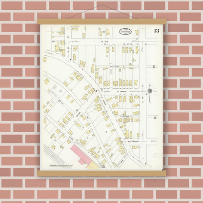 Old map wall art mockup — magnetic wood frame on brick wall — Sanborn Fire Insurance Map from Titusville, Crawford County, Pennsylvania (1912), Sheet #0013