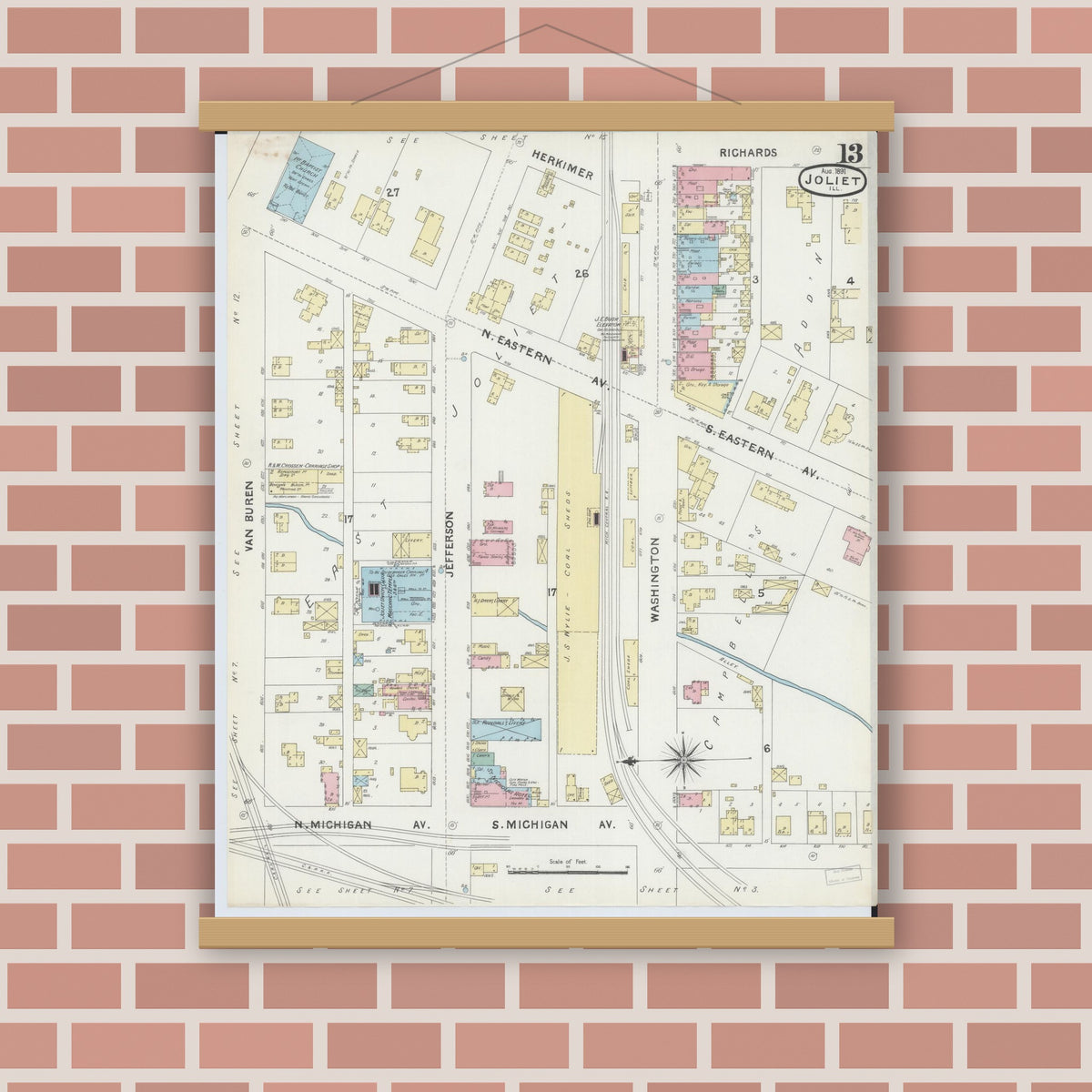 Old map wall art mockup — magnetic wood frame on brick wall — Sanborn Fire Insurance Map from Joliet, Will County, Illinois (1891), Sheet #0013