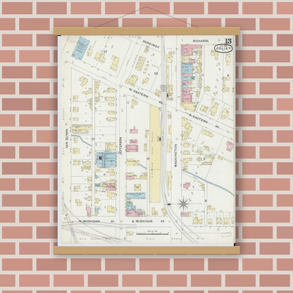 Old map wall art mockup — magnetic wood frame on brick wall — Sanborn Fire Insurance Map from Joliet, Will County, Illinois (1891), Sheet #0013