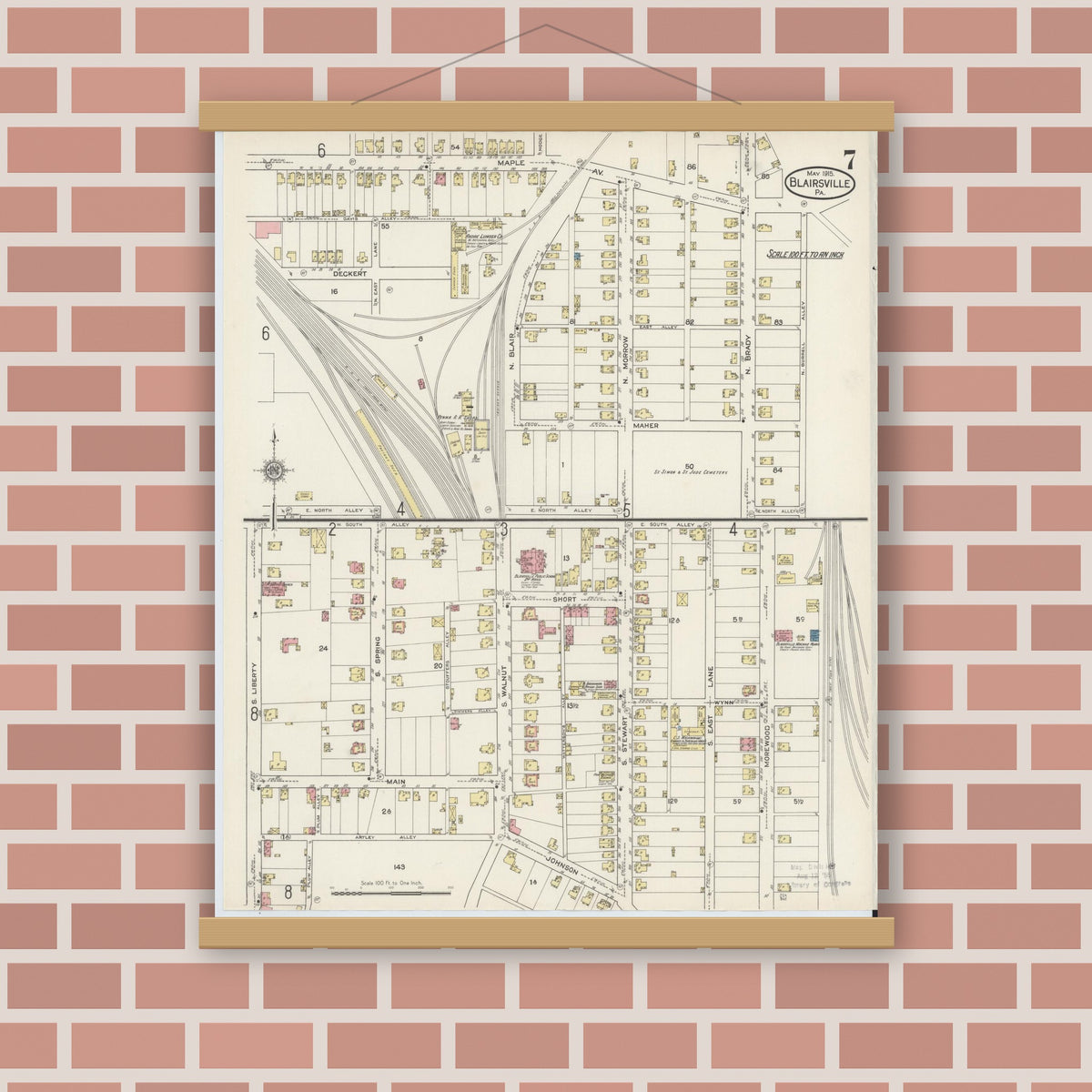 Old map wall art mockup — magnetic wood frame on brick wall — Sanborn Fire Insurance Map from Blairsville, Indiana County, Pennsylvania (1915), Sheet #0007
