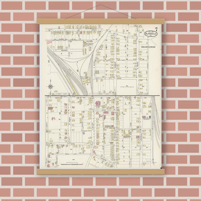 Old map wall art mockup — magnetic wood frame on brick wall — Sanborn Fire Insurance Map from Blairsville, Indiana County, Pennsylvania (1915), Sheet #0007