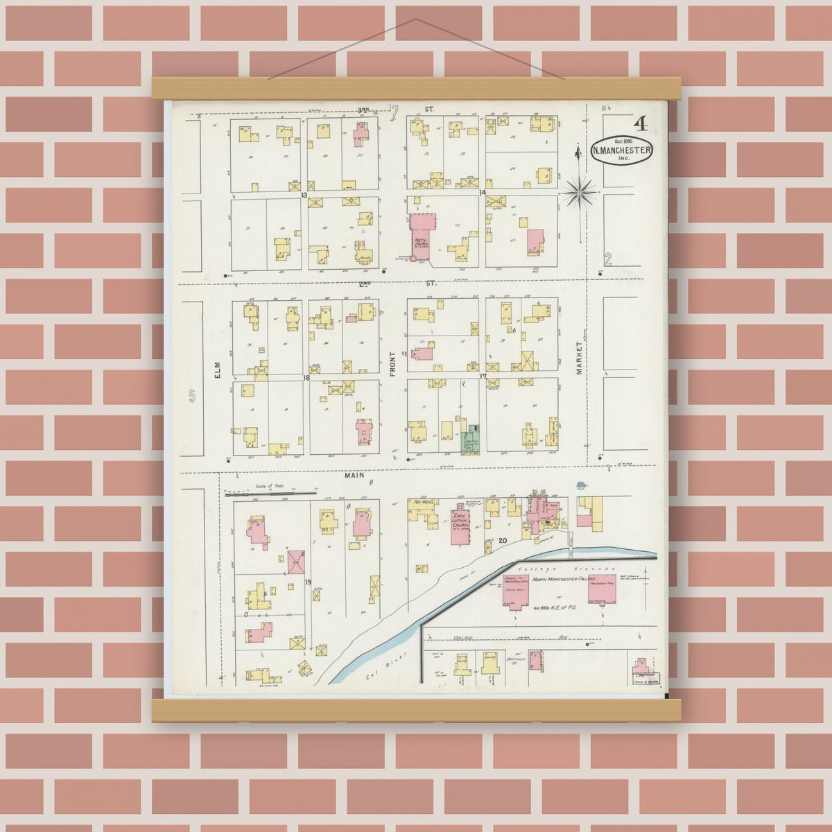 Old map wall art mockup — magnetic wood frame on brick wall — Sanborn Fire Insurance Map from North Manchester, Wabash County, Indiana (1895), Sheet #0004