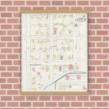 Old map wall art mockup — magnetic wood frame on brick wall — Sanborn Fire Insurance Map from North Manchester, Wabash County, Indiana (1895), Sheet #0004