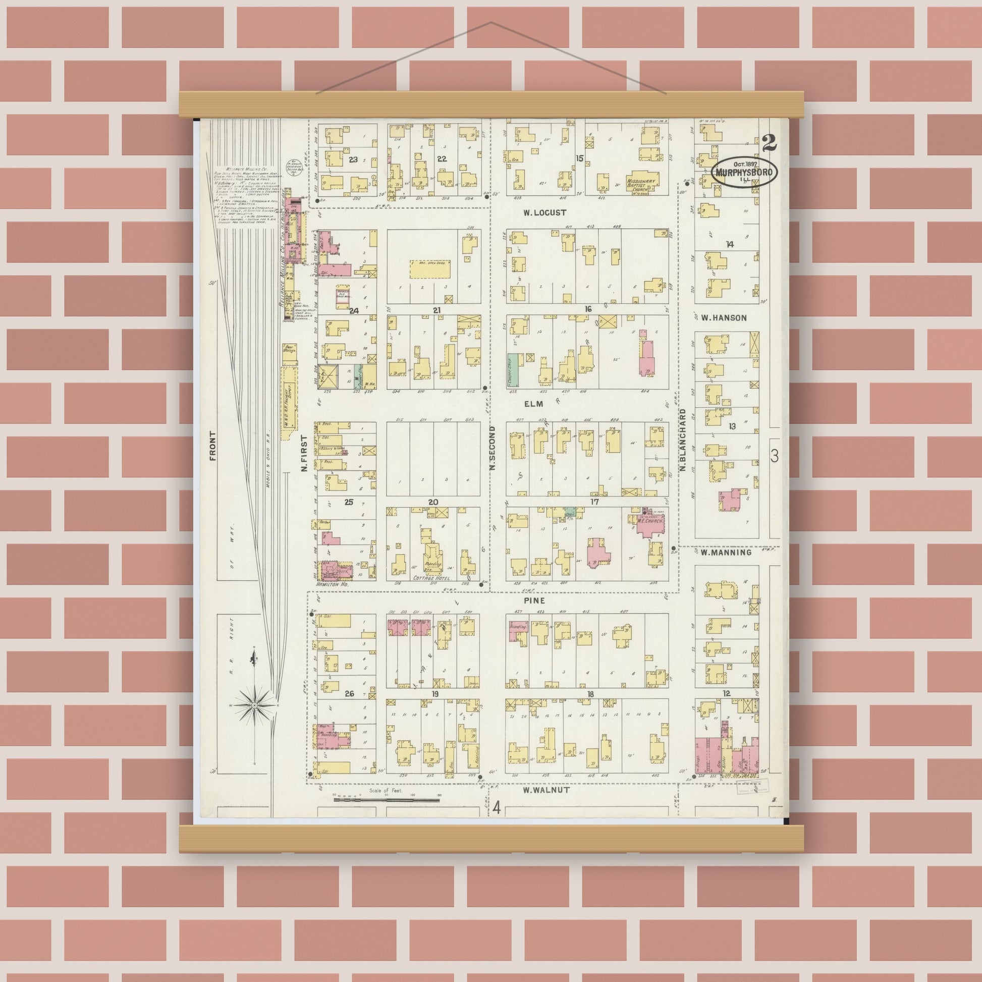 Old map wall art mockup — magnetic wood frame on brick wall — Sanborn Fire Insurance Map from Murphysboro, Jackson County, Illinois (1897), Sheet #0002