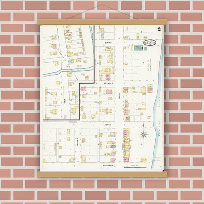 Old map wall art mockup — magnetic wood frame on brick wall — Sanborn Fire Insurance Map from Le Claire, Scott County, Iowa (1895), Sheet #0002