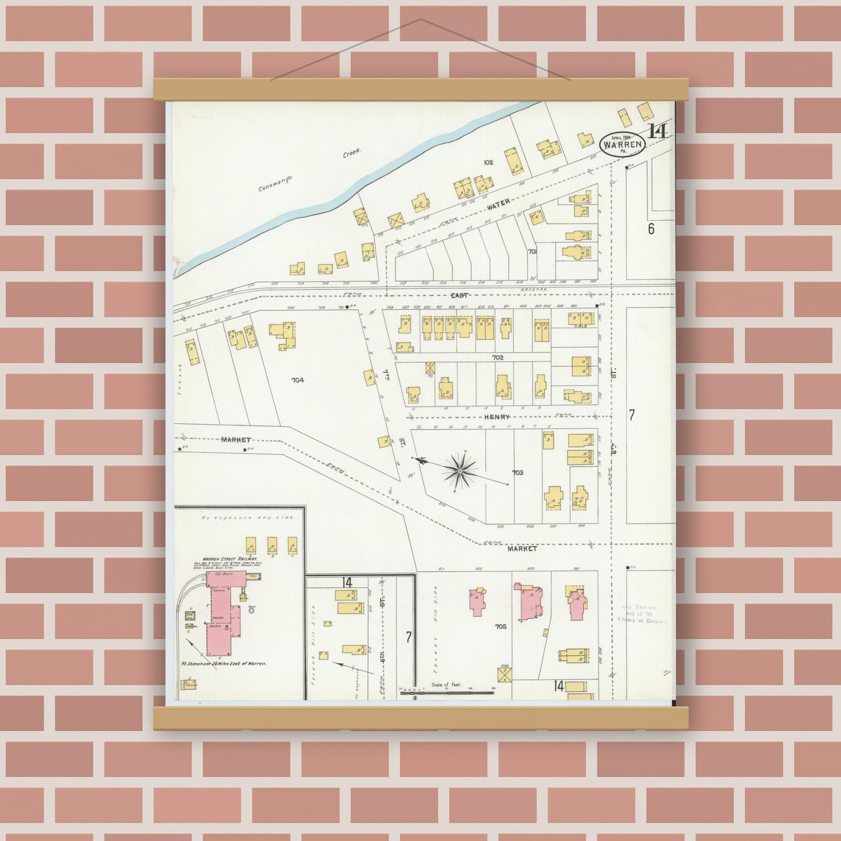 Old map wall art mockup — magnetic wood frame on brick wall — Sanborn Fire Insurance Map from Warren, Warren County, Pennsylvania (1904), Sheet #0014