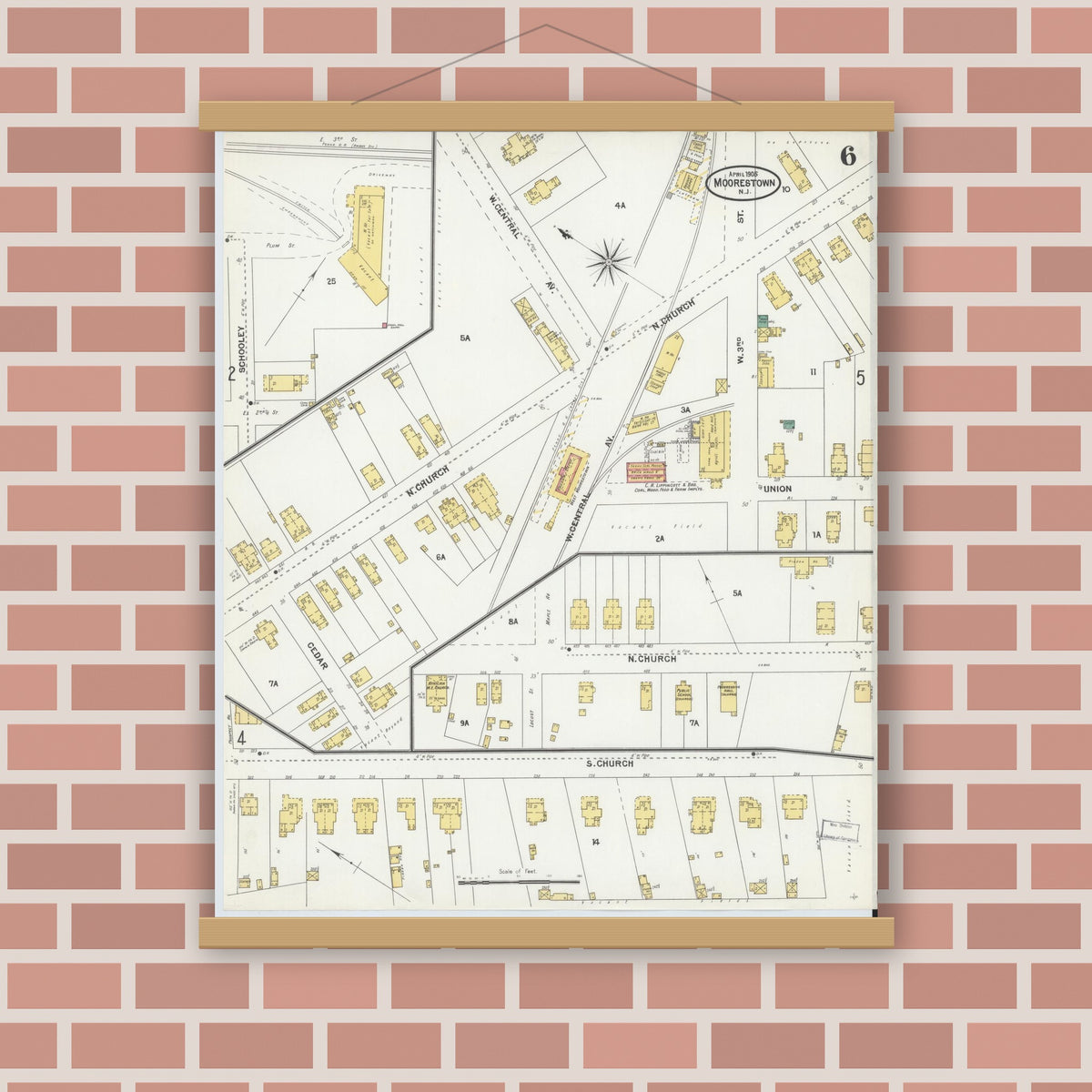 Old map wall art mockup — magnetic wood frame on brick wall — Sanborn Fire Insurance Map from Moorestown, Burlington County, New Jersey (1905), Sheet #0006