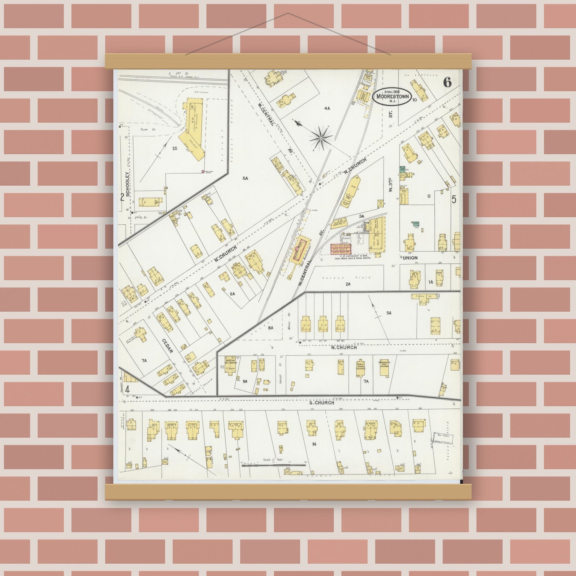 Old map wall art mockup — magnetic wood frame on brick wall — Sanborn Fire Insurance Map from Moorestown, Burlington County, New Jersey (1905), Sheet #0006
