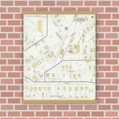 Old map wall art mockup — magnetic wood frame on brick wall — Sanborn Fire Insurance Map from Moorestown, Burlington County, New Jersey (1905), Sheet #0006