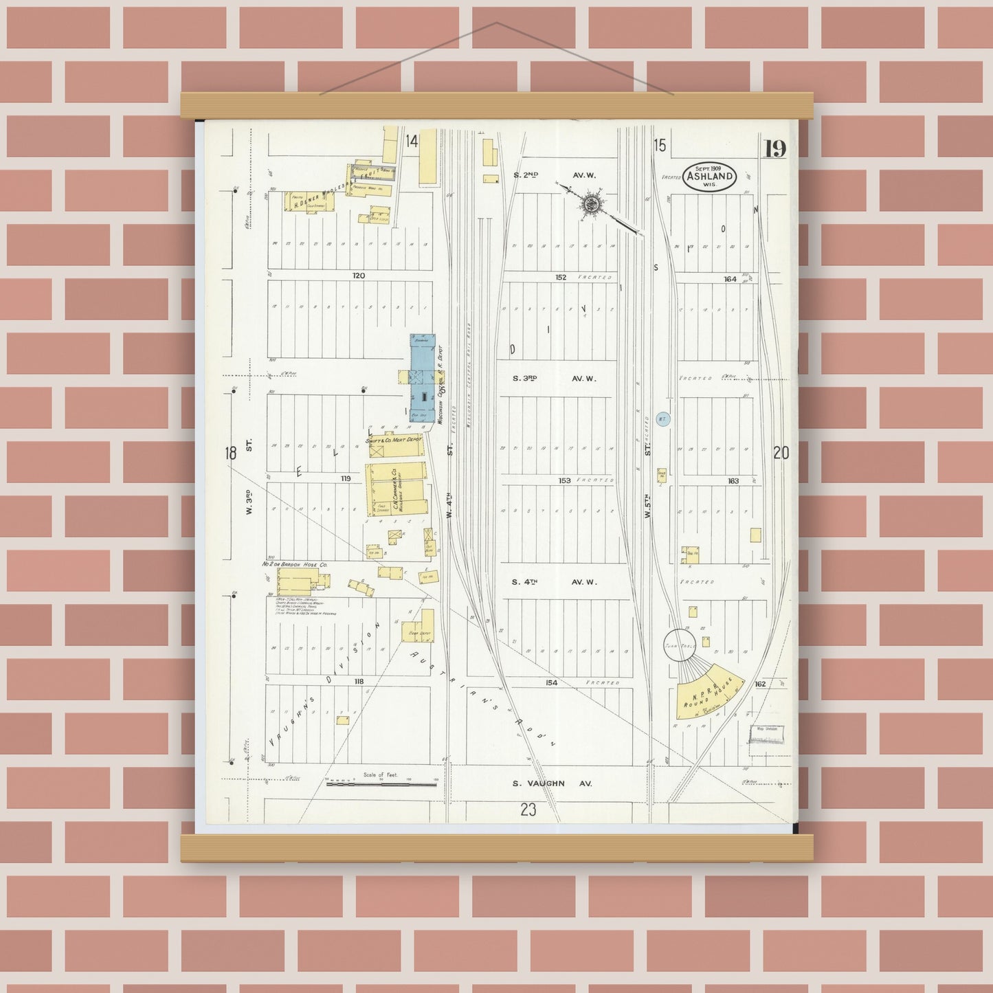 Old map wall art mockup — magnetic wood frame on brick wall — Sanborn Fire Insurance Map from Ashland, Ashland County, Wisconsin (1909), Sheet #0019