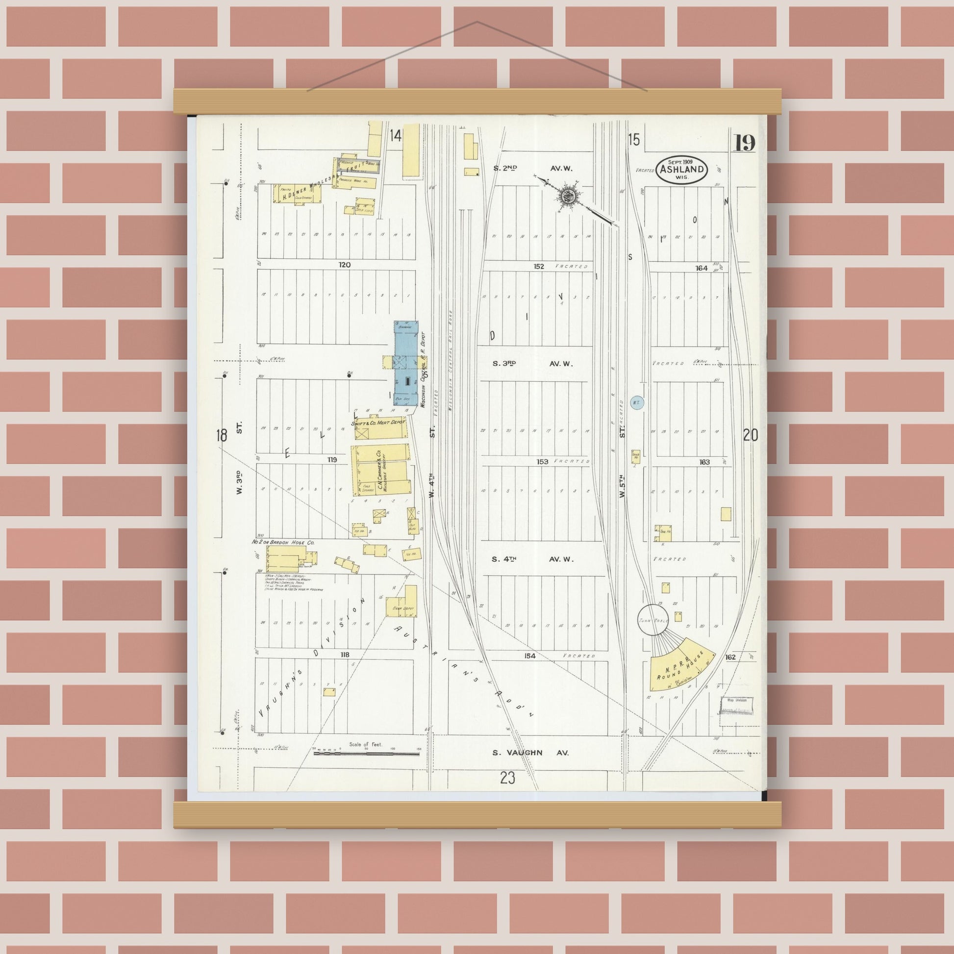 Old map wall art mockup — magnetic wood frame on brick wall — Sanborn Fire Insurance Map from Ashland, Ashland County, Wisconsin (1909), Sheet #0019