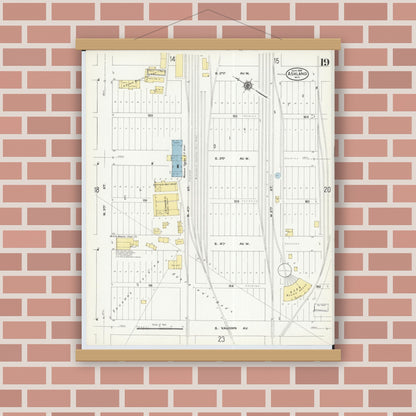 Old map wall art mockup — magnetic wood frame on brick wall — Sanborn Fire Insurance Map from Ashland, Ashland County, Wisconsin (1909), Sheet #0019