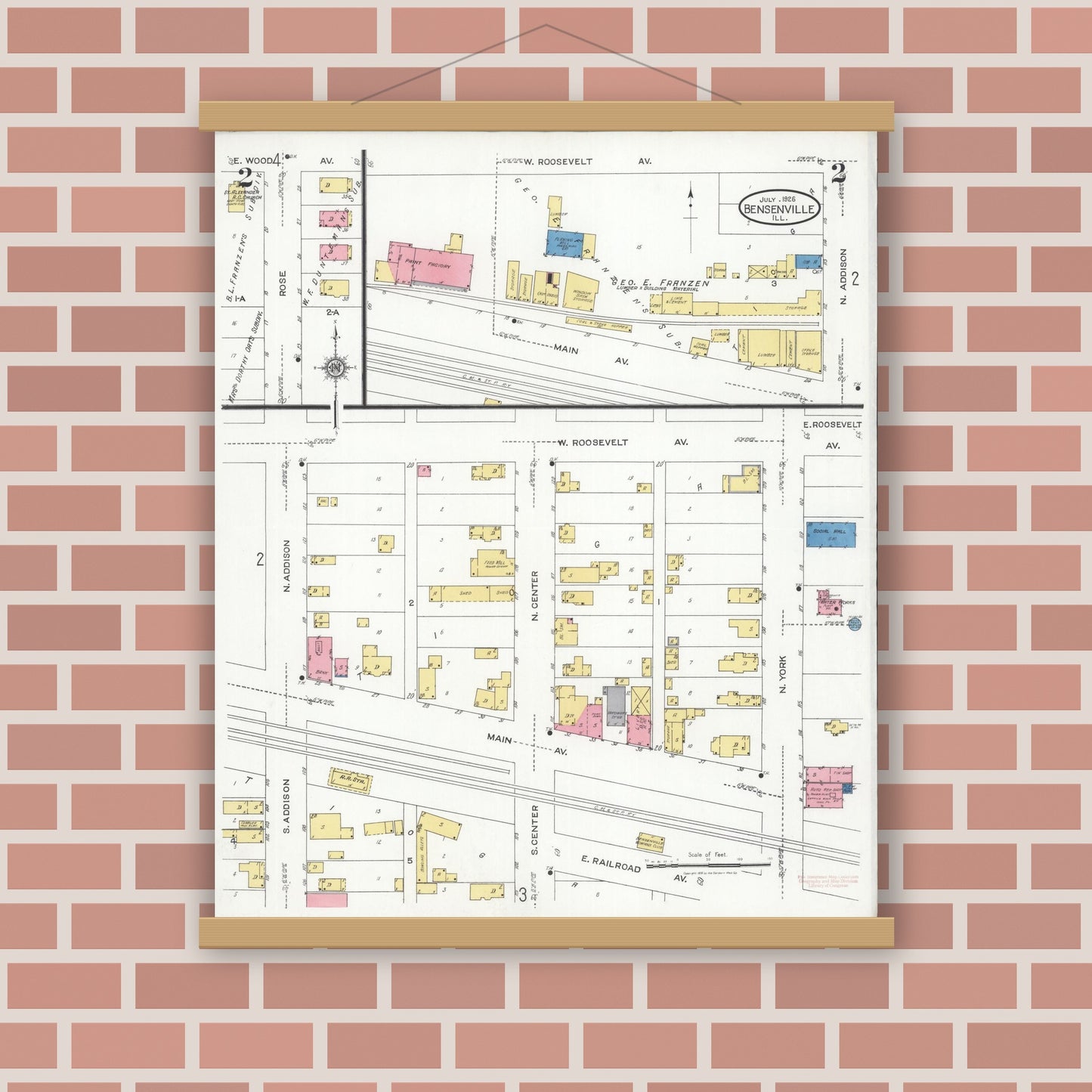Old map wall art mockup — magnetic wood frame on brick wall — Sanborn Fire Insurance Map from Bensenville, Dupage County, Illinois (1926), Sheet #0002