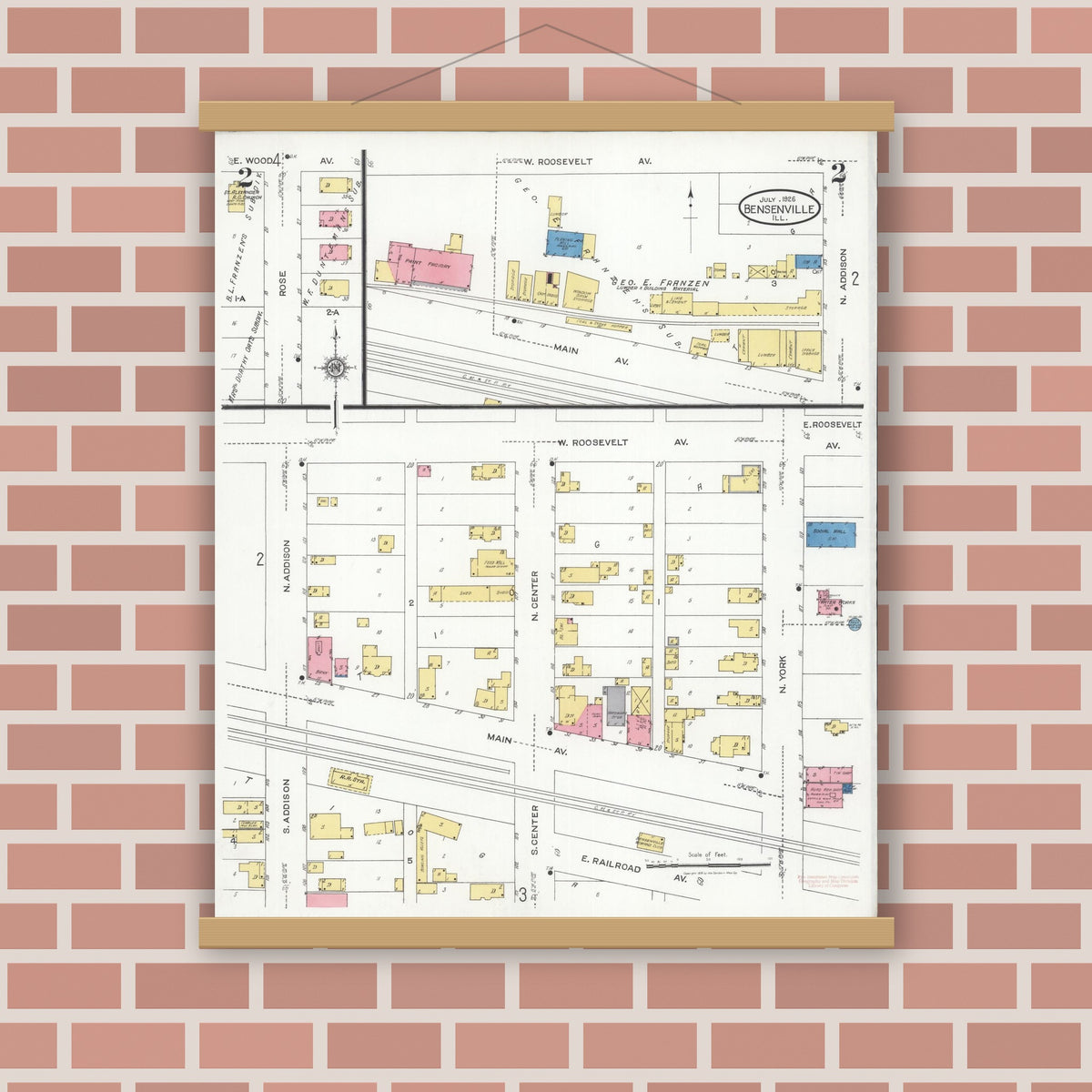 Old map wall art mockup — magnetic wood frame on brick wall — Sanborn Fire Insurance Map from Bensenville, Dupage County, Illinois (1926), Sheet #0002