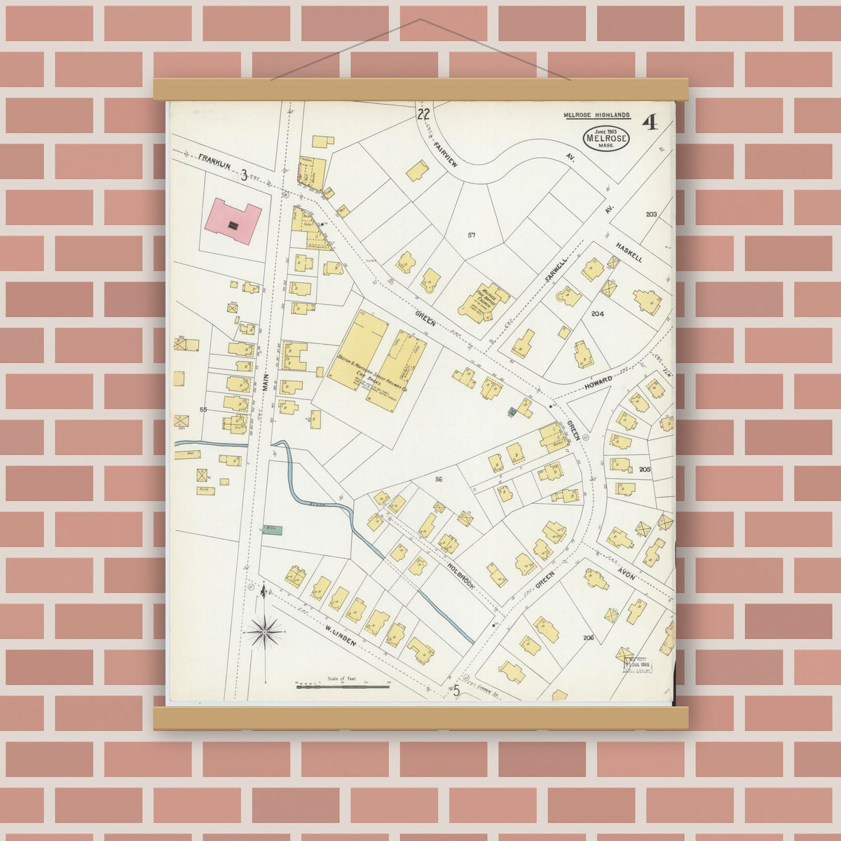Old map wall art mockup — magnetic wood frame on brick wall — Sanborn Fire Insurance Map from Melrose, Middlesex County, Massachusetts (1903), Sheet #0004