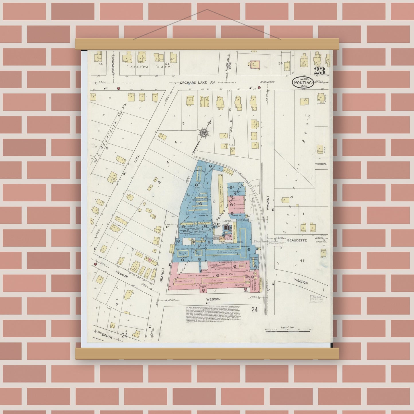 Old map wall art mockup — magnetic wood frame on brick wall — Sanborn Fire Insurance Map from Pontiac, Oakland County, Michigan (1915), Sheet #0023