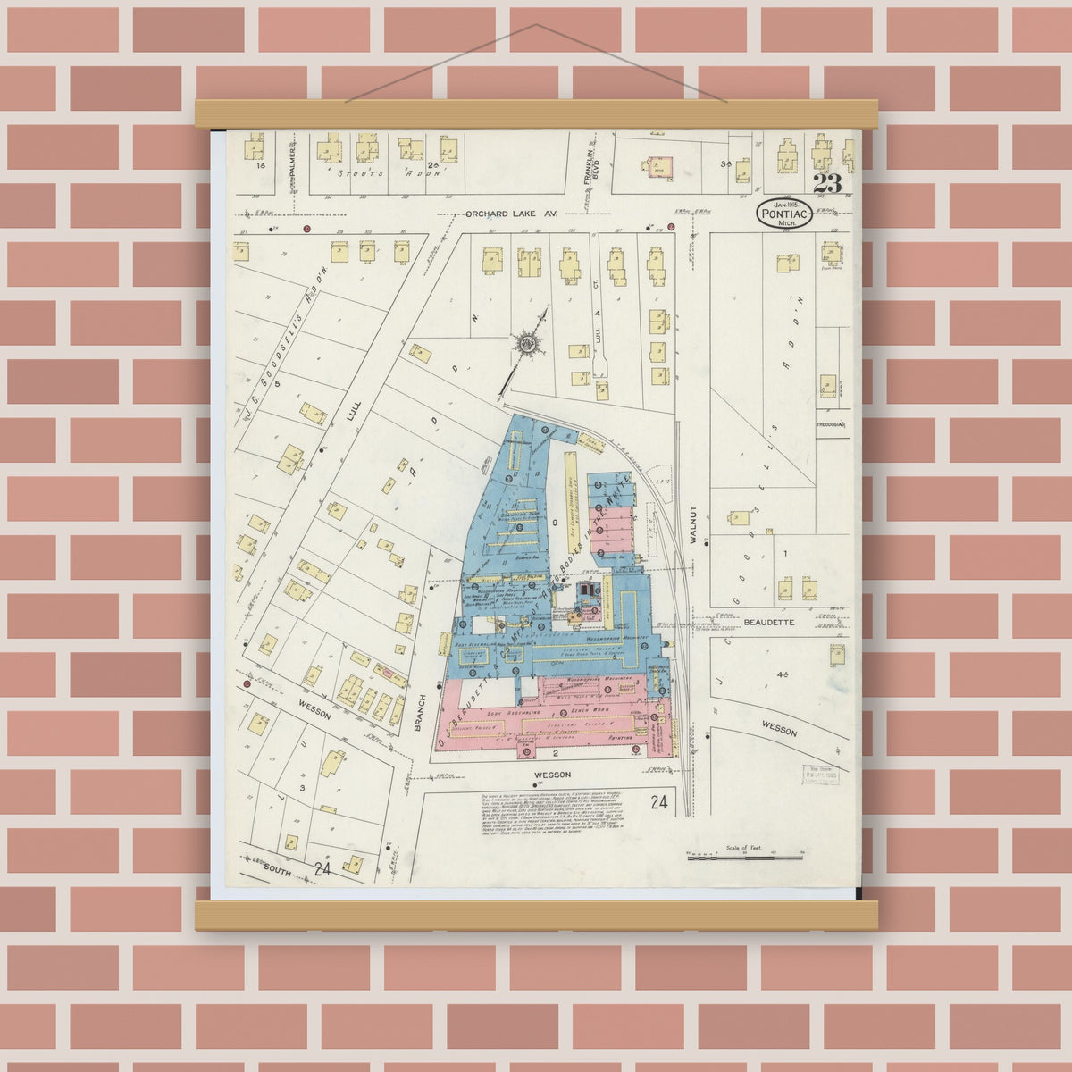 Old map wall art mockup — magnetic wood frame on brick wall — Sanborn Fire Insurance Map from Pontiac, Oakland County, Michigan (1915), Sheet #0023